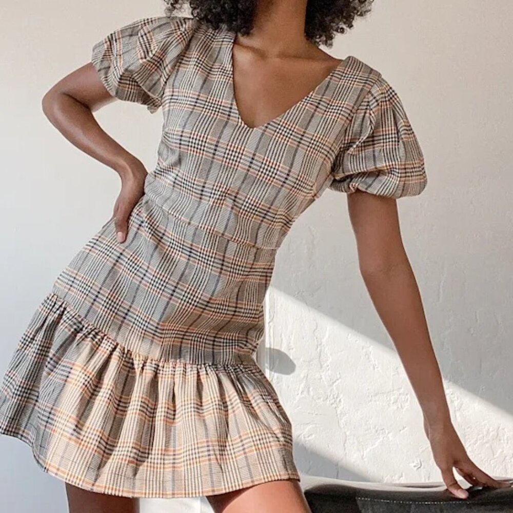 Lulus : Prepped to Perfection Brown Plaid Ruffled Puff Sleeve Mini Dress